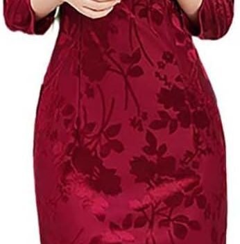 Women's Red Jacquard Midi Cheongsam Mandarin Collar Chinese Qipao Party Dress