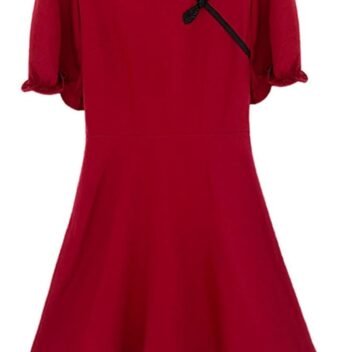 Qianly Women's Midi Dress Puff Sleeve Qipao Improved Cheongsam for Dating Anniversary Red