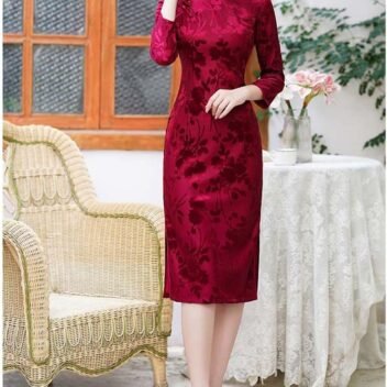 Women's Red Jacquard Midi Cheongsam Mandarin Collar Chinese Qipao Party Dress