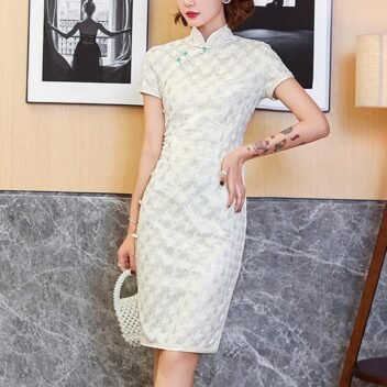 Women's Vintage Lace Cheongsam Qipao Dress Elegant Chinese Short Sleeeve Side Slit Midi Dress